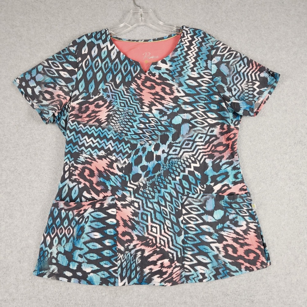 Premiere by Healing Hands Scrub Top Womens Medium Blue Modern‎ Fit Geometric